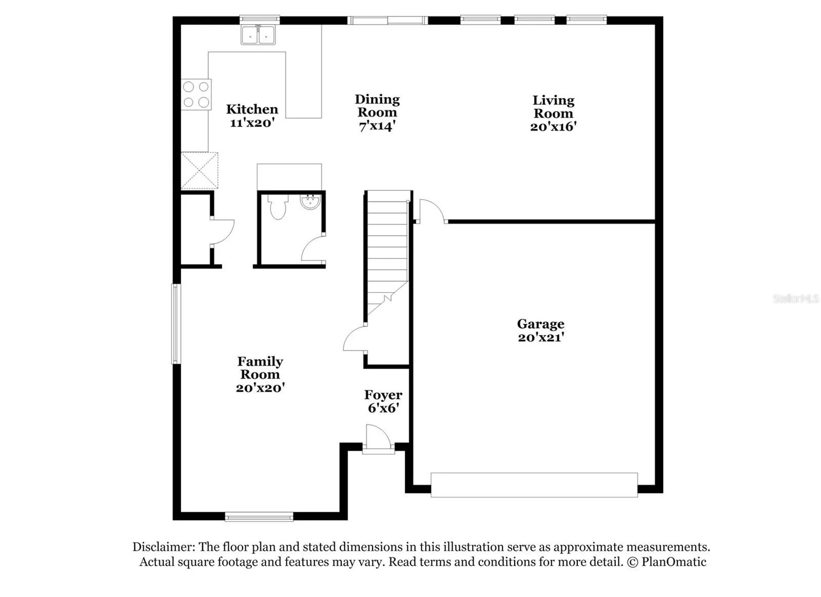First-floor floor plan of the Cheval Street home in Mount Dora, Florida, showing the kitchen, dining room, living room, family room, foyer, and garage layout