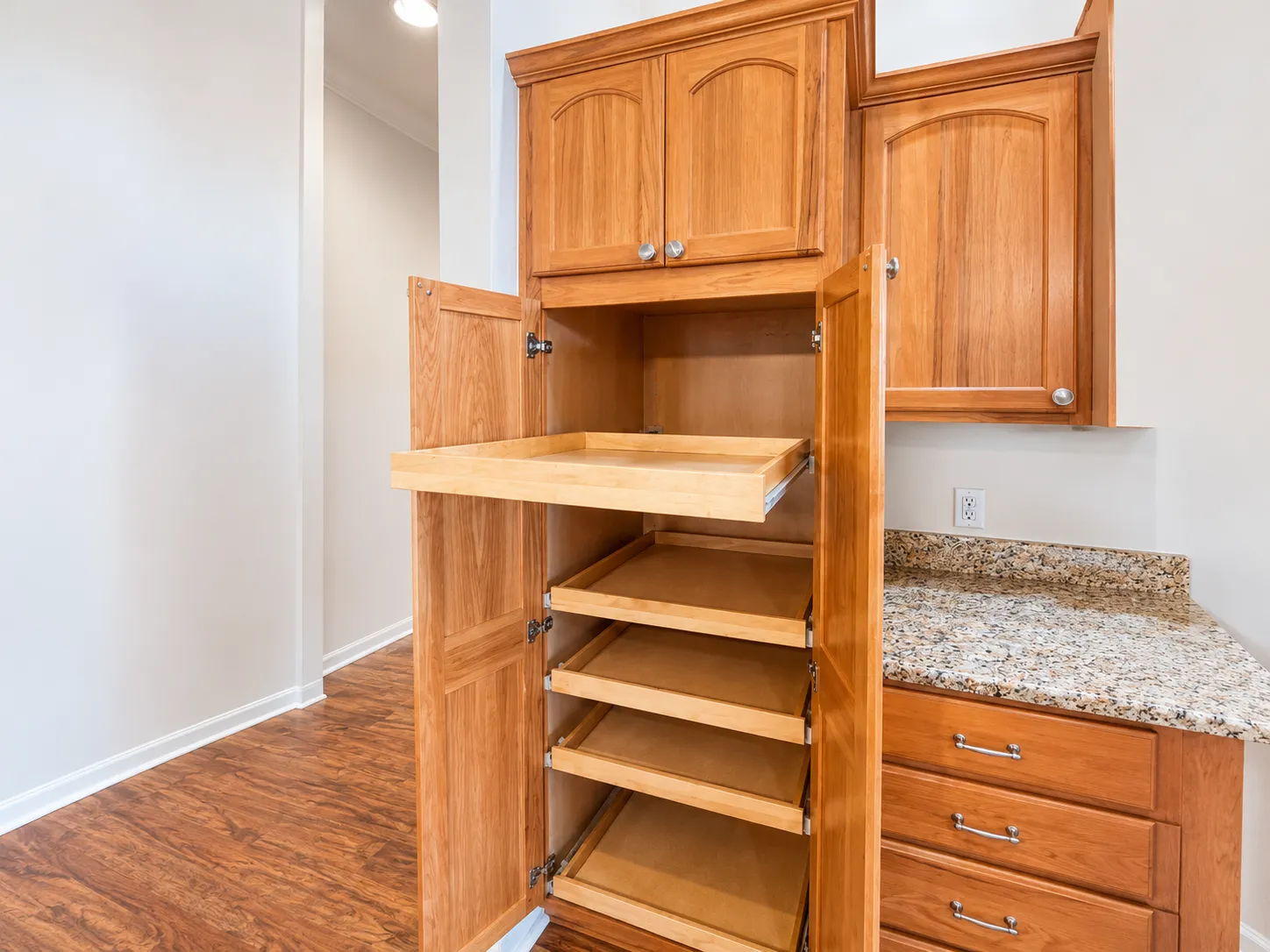 Built-in kitchen cabinet with pull-out pantry shelves