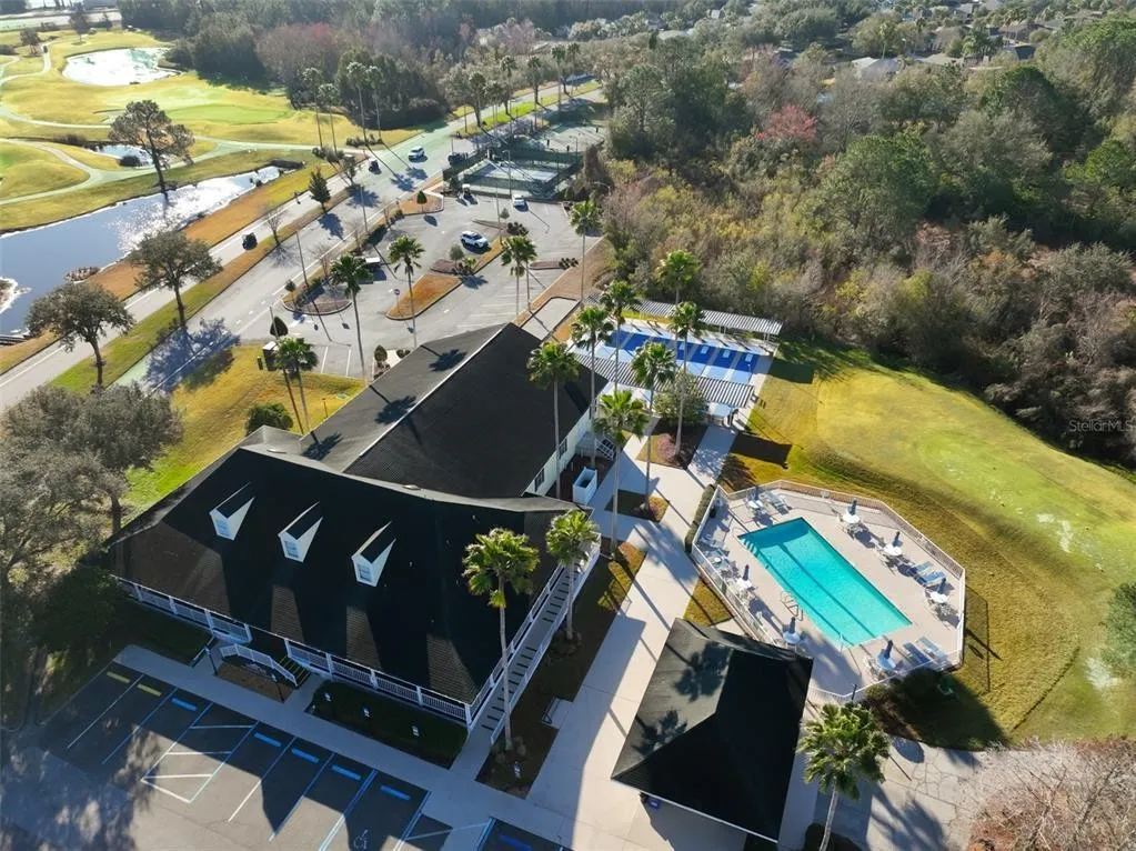 Aerial view of the Tampa Bay Golf and Country Club pool and clubhouse area