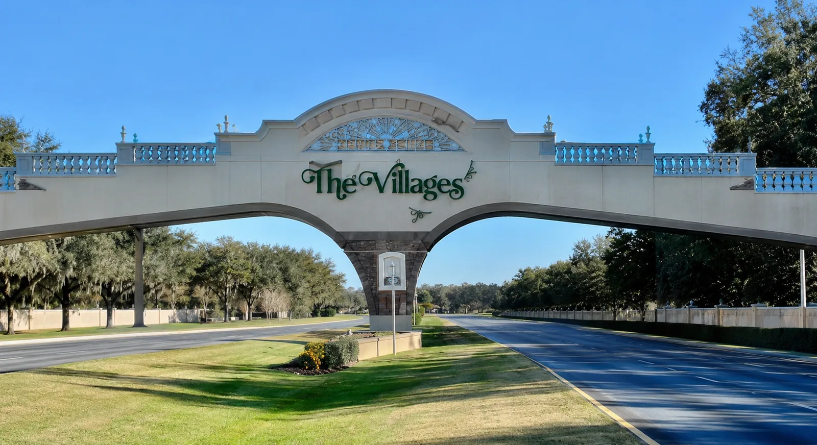 Entrance arch welcoming visitors to The Villages, Florida