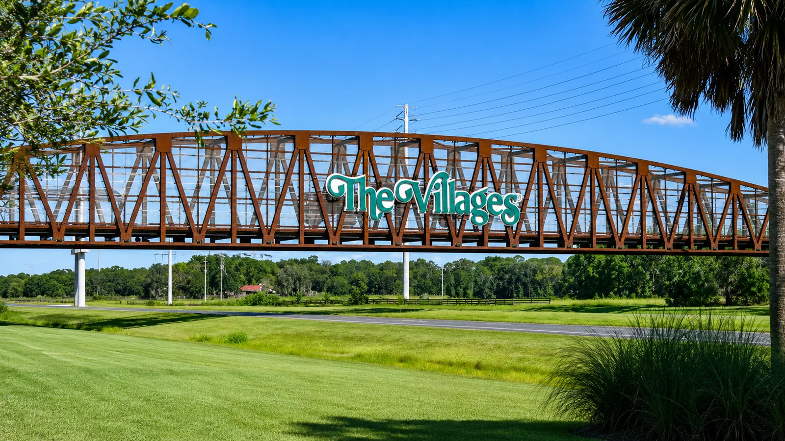 Bridge signage welcoming visitors to The Villages, Florida